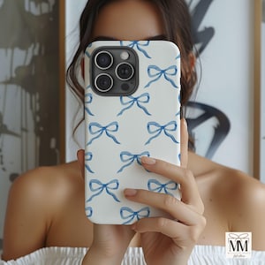 Blue Coquette Bow iPhone Case For Apple iPhone 16, iPhone 15 14 13 12 11 Pro Max, Blue Coquette Phone Case, Blue Girly Aesthetic Phone Cover