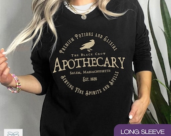 Långärmad t-shirt med svart kråka-motiv från apoteket, lätt och häxig Halloween-tröja med rund hals, tröja från Salem, vintage-tröja från Black Crow
