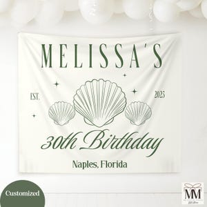 Custom Beach Birthday Banner, Birthday Party Decor, 30th Birthday Party Tapestry, Personalized Location Girls Weekend Photo Backdrop Sign