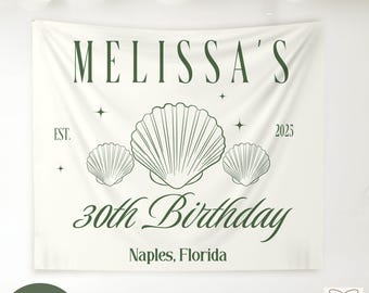 Custom Beach Birthday Banner, Birthday Party Decor, 30th Birthday Party Tapestry, Personalized Location Girls Weekend Photo Backdrop Sign