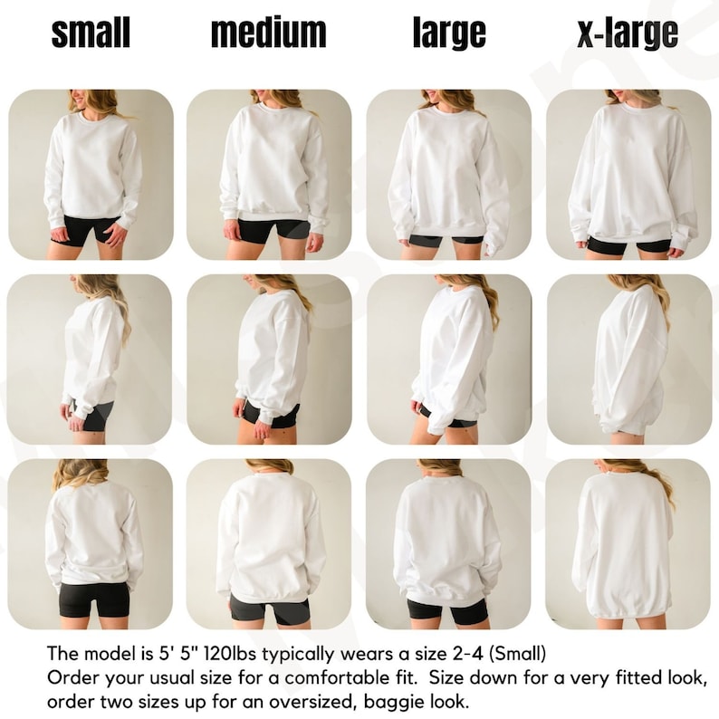 May include: A white crewneck sweatshirt in four different sizes: small, medium, large, and x-large. The model is 5'5" and 120 lbs and typically wears a size 2-4 (Small). Order your usual size for a comfortable fit. Size down for a very fitted look, order two sizes up for an oversized, baggie look.