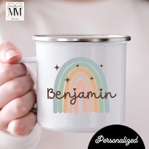 Personalized Kids Enamel Mug: Boho Rainbow Unbreakable Cup For Birthday Gift