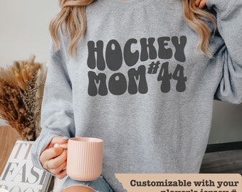 Personalized Hockey Mom Sweatshirt, Retro Groovy Hockey Game Day Mom Sweater, Custom Jersey Number Hockey Mom Crewneck, Gift for Hockey Mom