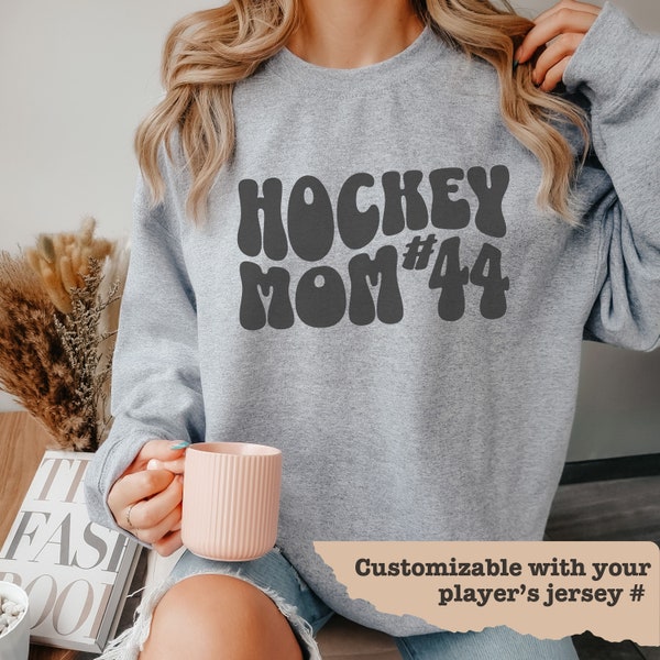 Personalized Hockey Mom Sweatshirt, Retro Groovy Hockey Game Day Mom Sweater, Custom Jersey Number Hockey Mom Crewneck, Gift for Hockey Mom