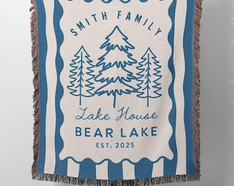 Custom Lake House Woven Blanket Housewarming Christmas Gift, Personalized Family Name Cottage Fringe Blanket, Doodle Lake Life Decor