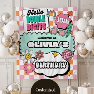 Custom Girls 10th Birthday Banner, Retro Happy Birthday Party Decor Backdrop Welcome Sign