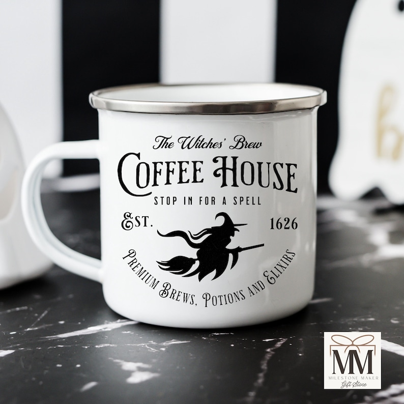 Black Halloween Witchy Mug, Witches Brew Coffee House Mug, Coffee Lovers Halloween Decor, Spooky Fall Coffee Mug Gift, Halloween Lover Gift image 4