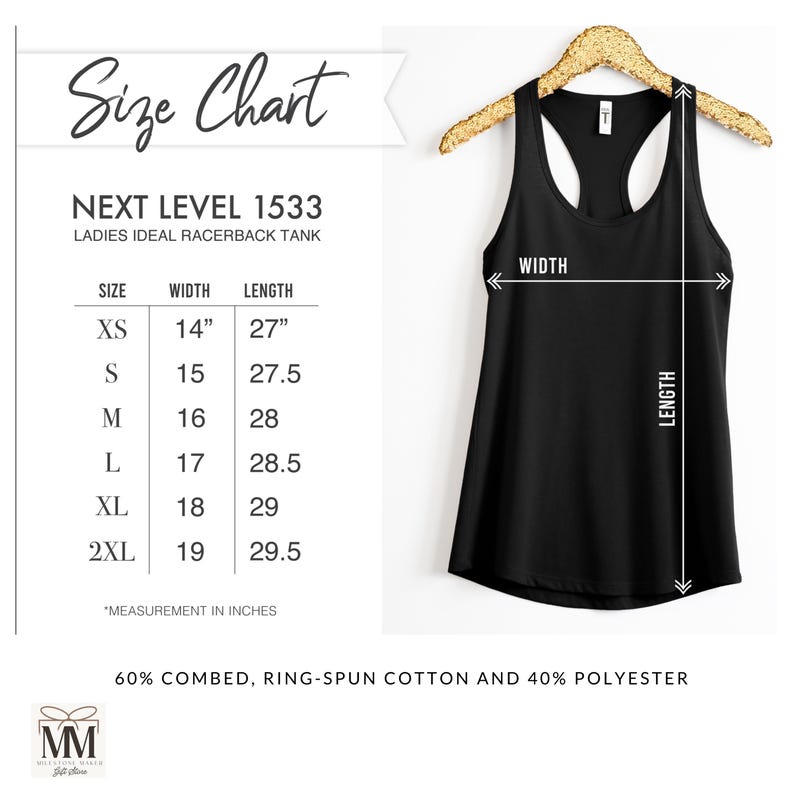May include: Size chart for a black racerback tank top. The chart shows sizes XS to 2XL with corresponding width and length measurements in inches. The text "NEXT LEVEL 1533" and "LADIES IDEAL RACERBACK TANK" are also visible.
