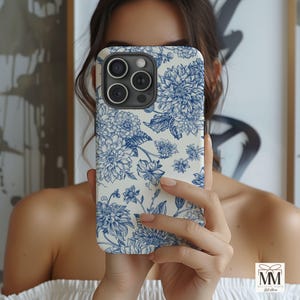 Vintage Blue Floral iPhone Case For Apple iPhone 16, iPhone 15 14 13 12 11 Pro Max, Blue Coquette Phone Case, Blue Toile De Jouy,