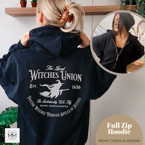 Witches Union Halloween Zip Up Hoodie, Salem Massachusetts Witchy Hooded Sweatshirt, Spooky Season Witch Sweater, Womens Halloween Full Zip