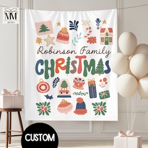 Custom Christmas Party Banner, Personalized Scandinavian Holiday Photo Backdrop, Retro Xmas Party Sign, Festive Christmas Decor Tapestry