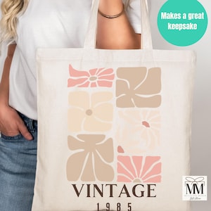 40th Birthday Gift For Women, Wildflower 1985 Vintage Canvas Tote Bag, Vintage Floral Birthday Party Gift Bag, 40th Bday Gift For Her
