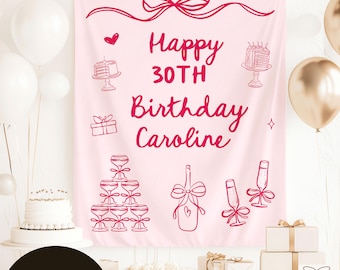 Custom Pink Cocktail Birthday Banner, Doodle Whimsical Girly Bday Party Decor, Happy Birthday Name Tapestry, Photo Welcome Backdrop Sign