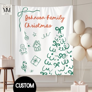 Custom Christmas Party Banner, Personalized Doodle Family Holiday Photo Backdrop, Modern Xmas Event Sign, Festive Winter Tapestry Flag Decor