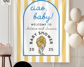 Pancarta personalizada para baby shower con temática italiana, letrero de bienvenida "Ciao" para baby shower, tapiz para baby shower, decoración de tela para fiesta de bienvenida del bebé.