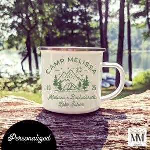 Custom Camp Bachelorette Enamel Mug, Camping Theme Girls Weekend, Lake Tahoe Bach Club, Campfire Cup Lake Bridal Favor, Family Adventure Mug