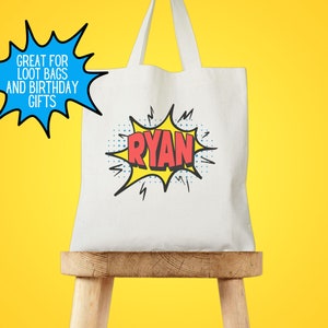 Sac fourre-tout personnalisé enfant, sac super héros, pochette cadeau fête d'anniversaire bande dessinée, cadeau enfant personnalisé, sac butin fête d'anniversaire enfant