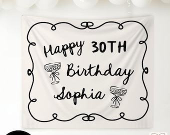 Benutzerdefinierte 30. Geburtstag Zeichen, personalisierte Martini Meilenstein Party Dekor, alles Gute zum Geburtstag Name Wandteppich, Foto Geburtstag Willkommen Hintergrund Zeichen