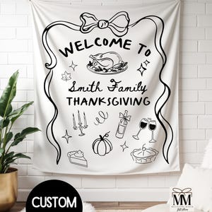Custom Thanksgiving Party Banner, Friendsgiving Dinner Welcome Sign, Personalized Hand Drawn Fall Family Gathering Photo Backdrop Tapestry