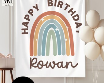 Benutzerdefinierte Kinder Geburtstag Zeichen, Boho Regenbogen Personalisierte erste Geburtstagsfeier Dekor, alles Gute zum Geburtstag Name Wandteppich, Geburtstag Willkommen Hintergrund