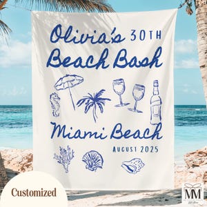Custom Beach Birthday Banner, Birthday Party Decor, 30th Birthday Party Tapestry, Personalized Location Girls Weekend Photo Backdrop Sign