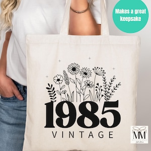 40th Birthday Gift For Women, 1985 Vintage Canvas Tote Bag, Fortieth Birthday Party Gift Bag, 40th Bday Gift For Her, Wildflowers Aesthetic