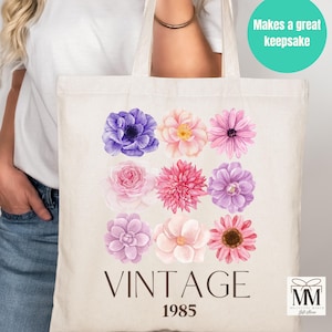 40th Birthday Gift For Women, Wildflower 1985 Vintage Canvas Tote Bag, Vintage Floral Birthday Party Gift Bag, 40th Bday Gift For Her