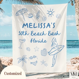 Custom Beach Birthday Banner, Birthday Party Decor, 30th Birthday Party Tapestry, Personalized Location Girls Weekend Photo Backdrop Sign