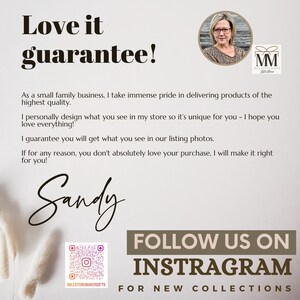 May include: A light beige background with the text "Love it guarantee!". The image includes a message from the seller, a signature, and a call to follow on Instagram for new collections. The seller is a small family business.