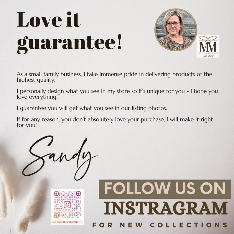 May include: A light beige background with the text "Love it guarantee!". The image includes a message from the seller, a signature, and a call to follow on Instagram for new collections. The seller is a small family business.