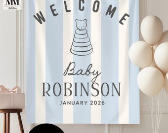 Custom Baby Boy Shower Banner, Blue Rustic Shower Decor Welcome Sign, Personalized Baby Shower Tapestry, New Baby Party Fabric Shower Decor