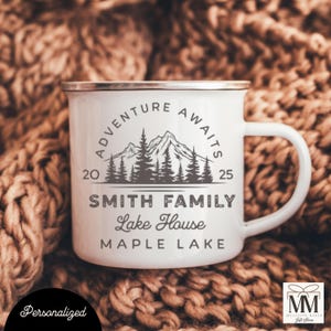 Custom Lake House Coffee Enamel Mug, Personalized Cottage Gift, House Warming Gift for New Cabin, Lake House Home Decor, Camp Hostess Gift