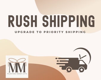 Puede incluir: Un gráfico con el texto "Rush Shipping" y "Upgrade to Priority Shipping" en texto marrón sobre un fondo blanco. Un camión de reparto marrón con un reloj en la parte superior acelera hacia la derecha. El logotipo de Milestone Maker Gifts está en la esquina inferior izquierda.