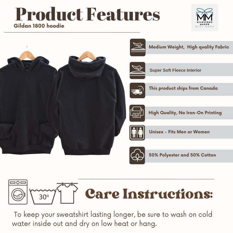 Op de afbeelding: Een zwarte Gildan 1800 hoodie met een trekkoordkap. De hoodie is gemaakt van 50% polyester en 50% katoen en heeft een superzachte fleecevoering. Het product wordt vanuit Canada verzonden en is gemaakt met hoogwaardige, niet-strijkijzer-opdruk.