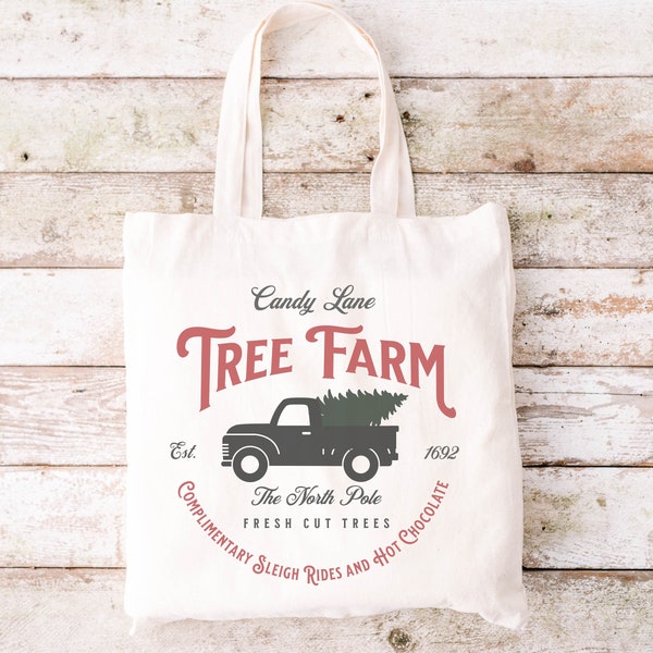 Farm Fresh Christmas Tote Bag, vintage Christmas Gift Bag, Holiday Canvas Tote, Cute Winter Bag, Xmas Gift for Her, Candy Lane Tree Farm