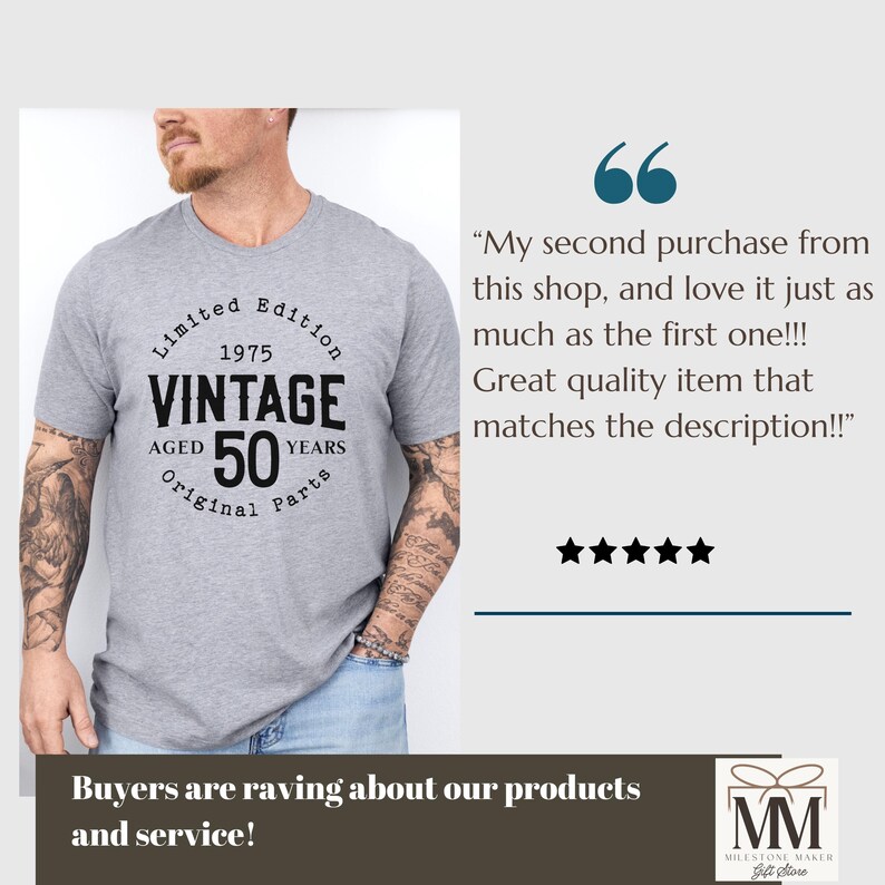 Peut inclure: Un t-shirt gris avec un motif noir qui dit "&Eacute;dition limit&eacute;e 1975 Vintage Vieilli 50 Ans Pi&egrave;ces originales".