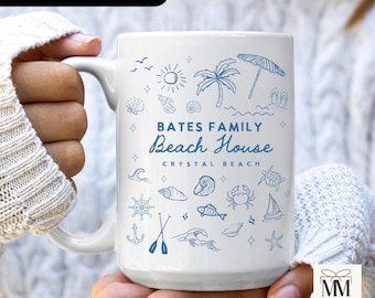 Tasse à café personnalisée maison de plage, décoration nautique personnalisée, cadeau de pendaison de crémaillère côtière, nouvelle décoration familiale plage maison océan