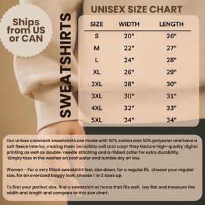 May include: Unisex size chart for sweatshirts. The chart shows sizes from S to 5XL with corresponding width and length measurements in inches.