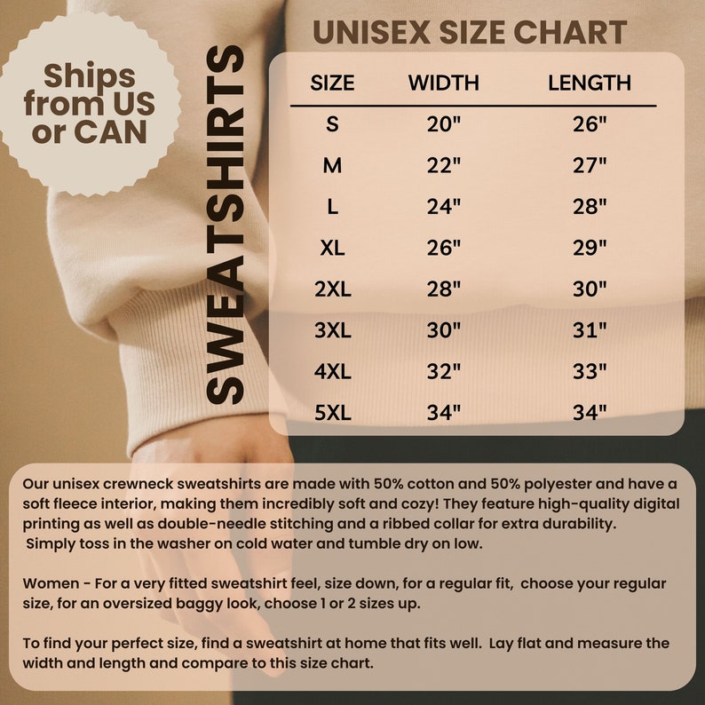 May include: Unisex size chart for sweatshirts. The chart shows sizes from S to 5XL with corresponding width and length measurements in inches.