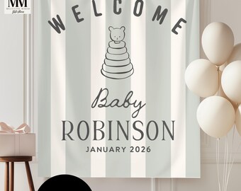 Striscione personalizzato per baby shower neutro, cartello di benvenuto per baby shower, arazzo personalizzato per baby shower, decorazioni in tessuto per baby shower per la festa del neonato