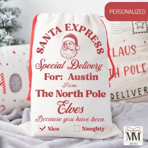 Personalized Santa Sack for Kids, Custom Name Santa Delivery Bag, Jumbo Stocking, Large Holiday Gift Bag, North Pole Christmas Present Bag