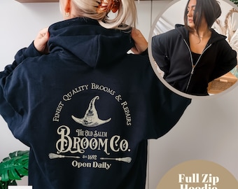 The Salem Broom CO Zip Halloween Hoodie, Salem Massachusetts Halloween Hooded Sweatshirt, Halloween Witch Sweater, Womens Vintage Fall Shirt
