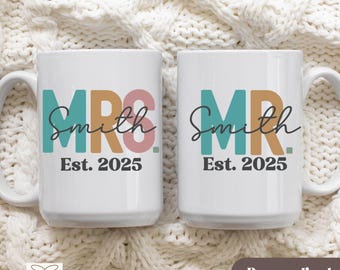 Mr and Mrs Mug Set, Custom Bride and Groom Cups with Wedding Date, Wedding Gift Newly Married, His and Hers Mugs, Future Mrs Engagement Gift