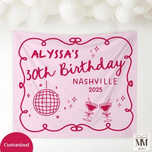 Custom Vegas Birthday Banner Sign, Disco Bday Party Wall Hanging Decor, Personalized Location Photo Backdrop, Cocktail 21st Birthday Sign