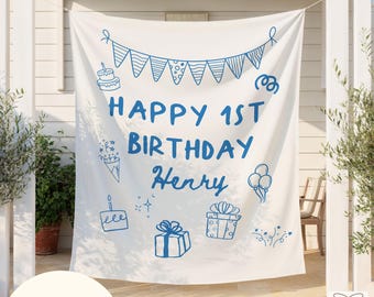 Pancarta de cumpleaños personalizada, cartel de decoración para fiesta de cumpleaños infantil, adorno de pared personalizado para cumpleaños de niños, tapiz de pared con dibujos para él.