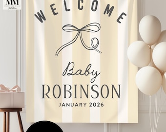 Striscione personalizzato per baby shower neutro, cartello di benvenuto per baby shower, arazzo personalizzato per baby shower, decorazioni in tessuto per baby shower per la festa del neonato