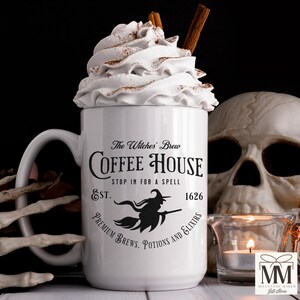 Black Halloween Witchy Mug, Witches Brew Coffee House Mug, Coffee Lovers Halloween Decor, Spooky Fall Coffee Mug Gift, Halloween Lover Gift image 3