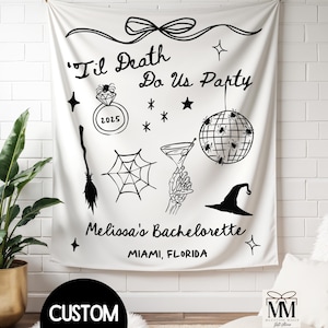 Halloween Bachelorette Banner, Custom Witch Bach Tapestry, Til Death Do Us Party Sign Decor, Coven Bride Spooky Wedding Party Photo Backdrop