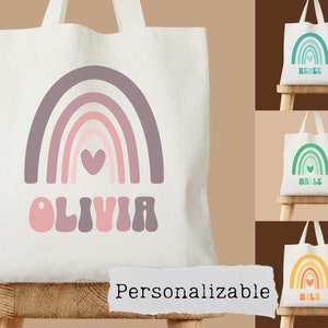 Sac prénom personnalisé pour enfant, sac fourre-tout personnalisé, sac fourre-tout personnalisé, cadeau de rentrée, cartable d'école rétro bohème, sac de bibliothèque pour enfant