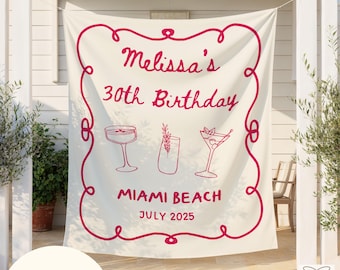 Custom Pink Cocktail Birthday Banner, Doodle Whimsical Girly Bday Party Decor, Happy Birthday Name Tapestry, Photo Welcome Backdrop Sign
